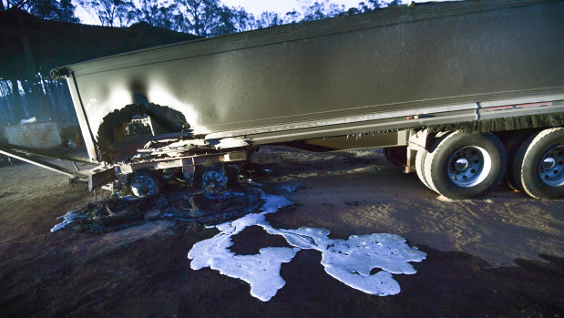 A melted truck trailer at Peter Riley's property in Clifton Creek.
