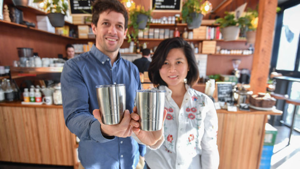 Benjamin Korff and Lily Yap at Kings and Knaves Espresso, a cafe participating in their Viva La Cup deposit scheme that lets you borrow reusable coffee cups.