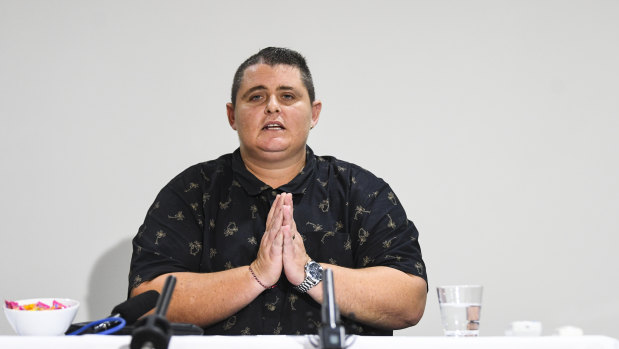 Ms Lawrence speaks during a press conference in Canberra on Sunday.