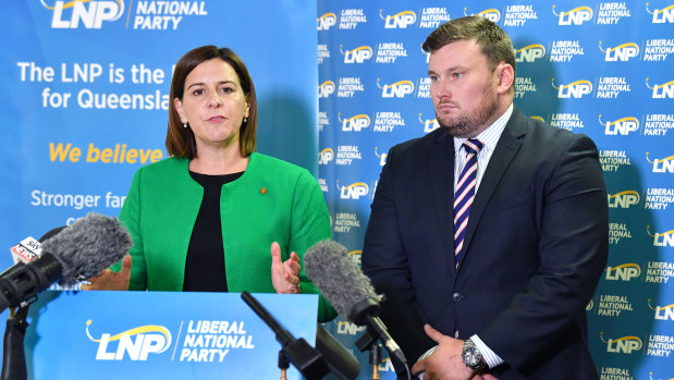 Queensland LNP Leader Deb Frecklington (left) and acting LNP acting president David Hutchinson (right) are seen during a press conference discussing the expulsion of the Member for Whitsunday, Jason Costigan.