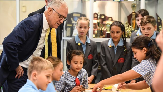 Students at Oatley West Public School with former prime minister Malcolm Turnbull.