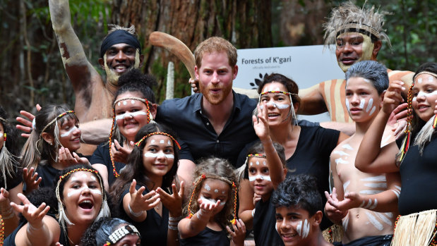 Prince Harry with members of the Butchulla people, who are the traditional owners of Fraser Island.