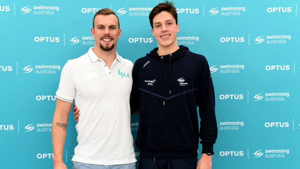 Kyle Chalmers with teenager Noah Millard at the AIS on Friday.