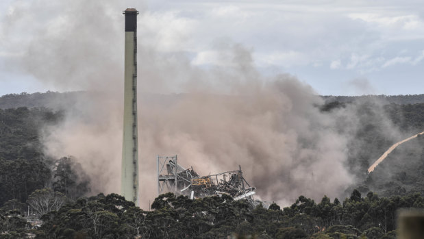 All that remains standing is a single industrial stack.