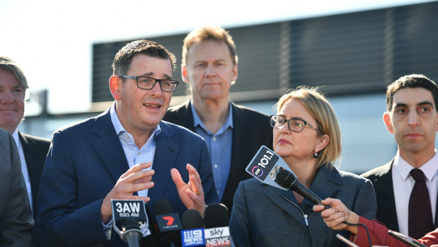 Victorian premier Daniel Andrews and Public Transport Minister Jacinta Allan at Box Hill to talk to media about Labor’s plan for the suburban rail loop.