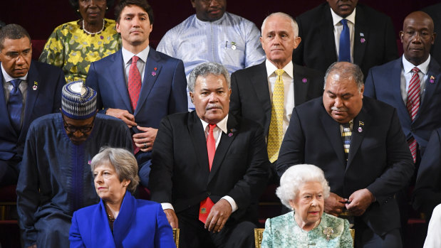 Prime Minister Malcolm Turnbull (centre top) attends the formal opening of the Commonwealth Heads of Government Meeting hosted by Her Majesty Queen Elizabeth II (bottom right) in the Ballroom of Buckingham Palace. 