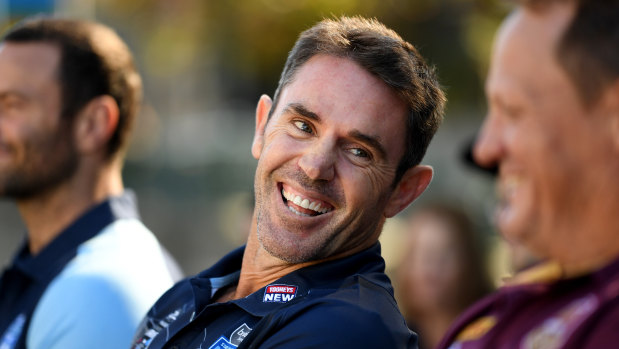 All smiles - for now: NSW Origin coach Brad Fittler shares a laugh with Queensland coach Kevin Walters.