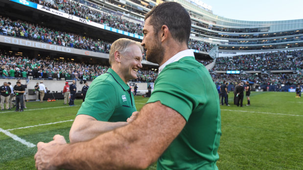 Joe Schmidt and Rob Kearney celebrate the famous victory over New Zealand in 2016.