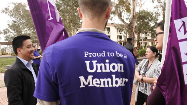 Staff at the University of Canberra walked off the job on Wednesday afternoon in the first strike on campus in more than a decade.