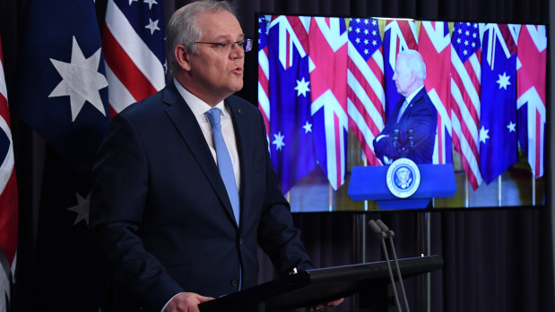 Prime Minister Scott Morrison appeared with US President Joe Biden and British Prime minister Boris Johnson at the rare joint virtual press conference. 