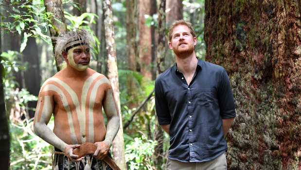 Britain's Prince Harry (right), the Duke of Sussex, is seen with Fred Bulanyu Leone at Pile Valley on Fraser Island in October 2018.