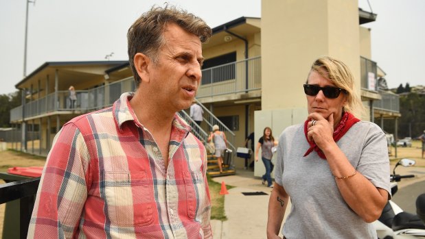 "Get out": Transport Minister Andrew Constance and Eurobodalla mayor Liz Innes at the Batemans Bay evacuation centre on Thursday.
