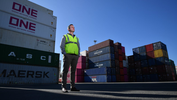 Australian Container Freight Service general manager Damian Arnold at the company's West Melbourne container park at Appleton Dock Road, which is set to overflow during the COVID-19 pandemic.