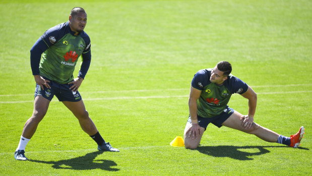 Joseph Leilua and Nick Cotric at Raiders training on Tuesday.
