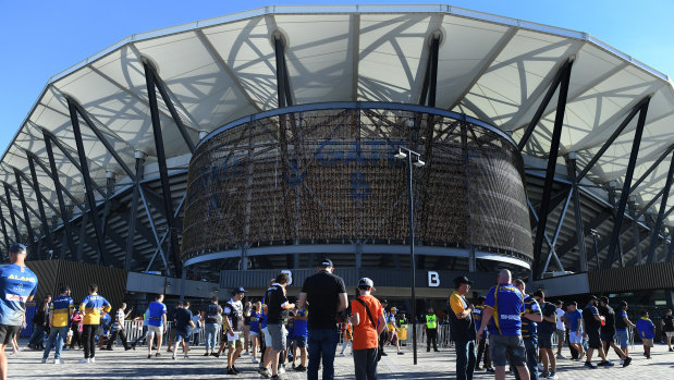 Fans file into the new Bankwest Stadium on Monday.