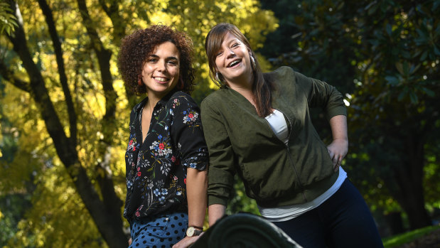 Singular mission: Melbourne chef and comedian Jules Gibson, right, is one of five women in four countries interviewed for the documentary Singled [Out], co-directed by Mariona Guiu, left. 