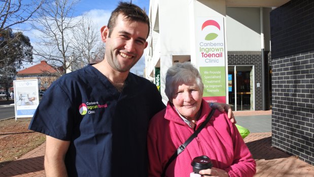 Podiatrist Luke Doyle with Robin Bontjer, of Kambah,  at the open day at Brindabella Podiatry, which also celebrated the opening of the Canberra Ingrown Toenail Clinic.