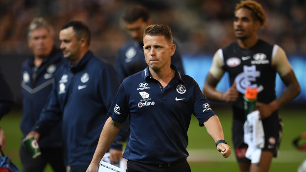 Work in progress: Carlton coach Brendon Bolton during the round three loss to Collingwood at the MCG.