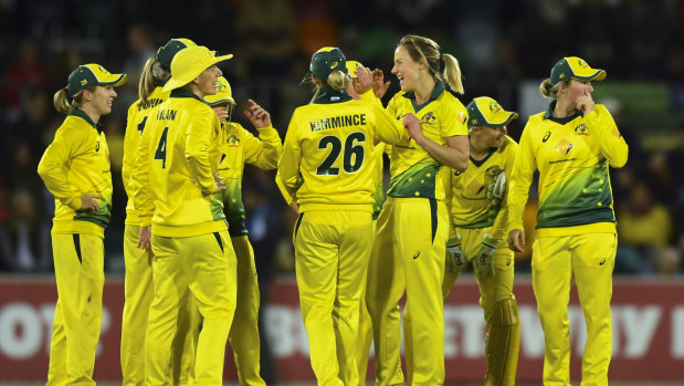 Ellyse Perry celebrates a wicket for Australia at Manuka Oval last month.