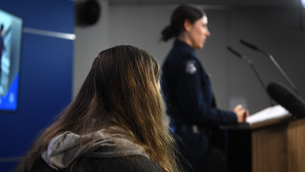 The victim at a press conference at the Victorian Police Media Centre on Monday. 
