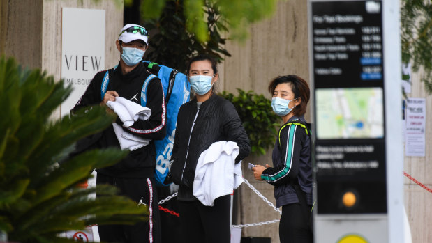 Tennis players in quarantine at the View Melbourne hotel were allowed out to train on Tuesday.