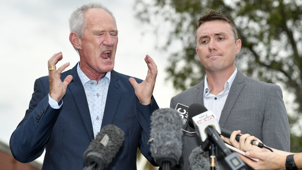 One Nation party officials Steve Dickson (left) and James Ashby field questions during a press conference in Brisbane.
