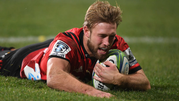 Unopposed: Braydon Ennor of the Crusaders scores against the Sharks at AMI Stadium in Christchurch.