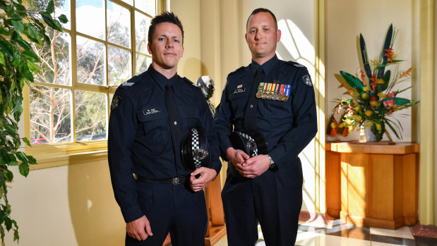 Mark Hall (left) and Andrew Vallas are to be presented with Valour Awards for their encounter with a gunman in 2016.