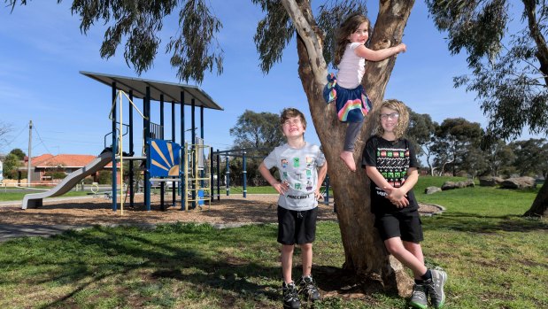 Rocco, 9, Reggie, 7, and Evie Moesch, 4, are among those excited for playgrounds to reopen at 11.59pm on Thursday. 