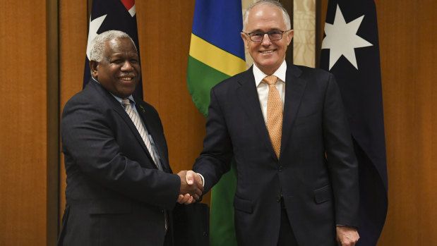 Solomon Islands Prime Minister Rick Houenipwela and Australian Prime Minister Malcolm Turnbull in Canberra on Wednesday.