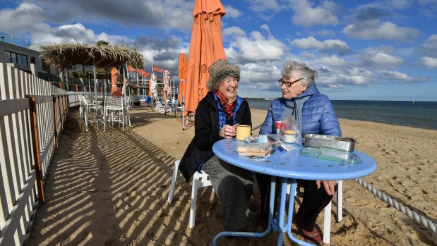Anne Gadenne and Patricia Hamer at St Kilda Beach.  