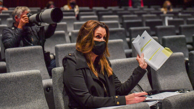 Sky News commentator Peta Credlin at Daniel Andrews' daily press conference.