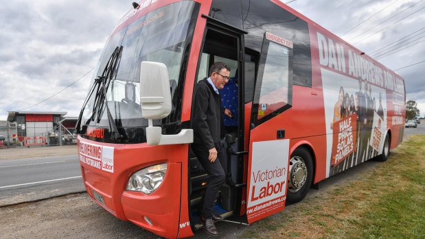 Daniel Andrews on his campaign bus earlier this week.