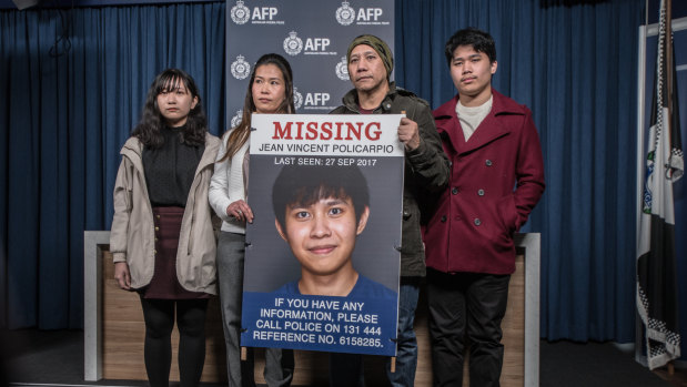The heartbroken family of missing Canberra man Jean Vincent Policarpio. (From left) Sister Vanessa, mother Beth, father Will, and brother Francis Policarpio.