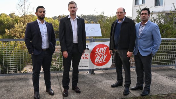 Eastern suburbs Young Liberal president Patrick Moore (second from left), pictured with fellow Liberal party members  Joshua Moses, Daniel Rosenfeld and Harry Stavrinos, said Meriton’s proposal was “completely incongruous” with the area.