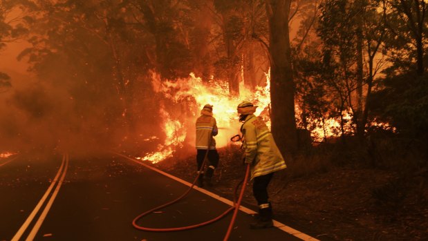 NSW Fire and Rescue attempt to hold the Gospers Mountain Fire from crossing the Bells Line of Road. It roared over the road, destroying power lines.