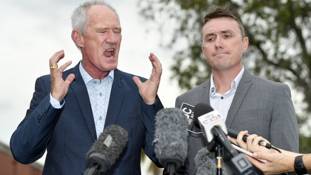 One Nation officials Steve Dickson and James Ashby answer questions at a press conference in Brisbane about lobbying efforts with America's NRA.
