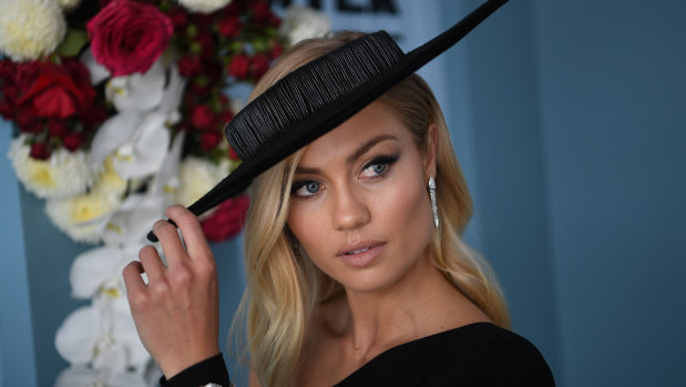 Elyse Knowles is seen at the Myer Fashions on the Field during Derby Day 2018.