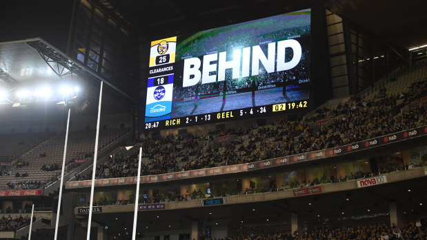 The score review during the match between the Tigers and the Cats at the MCG on Friday night.