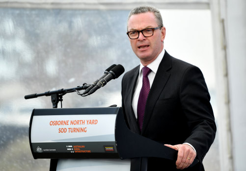 Minister for Defence Christopher Pyne during a visit to the submarine construction yard at Osborne, Adelaide in December.