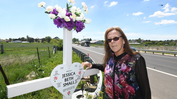 Ricki Small at the roadside memorial for her daughter Jessica Small.