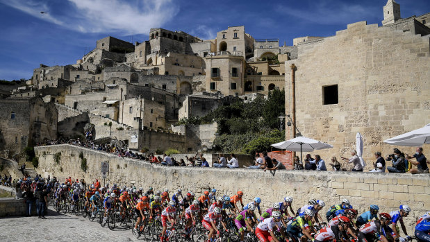 The Giro d'Italia pedals along the ancient city of Matera in southern Italy.