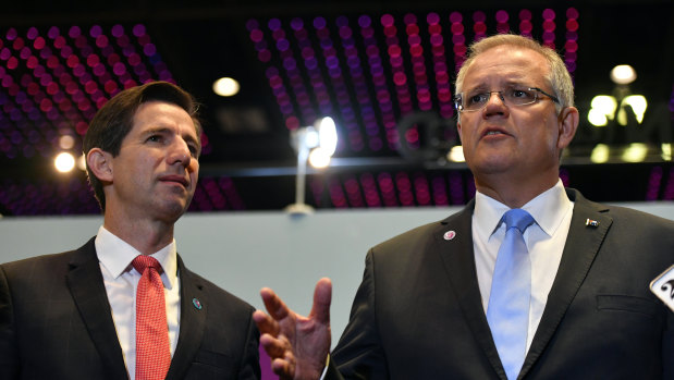 Minister for Trade Simon Birmingham and Prime Minister Scott Morrison at a press conference. 