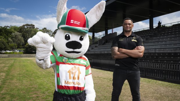 Reggie the Rabbit with former South Sydney captain John Sutton at Redfern during the week.