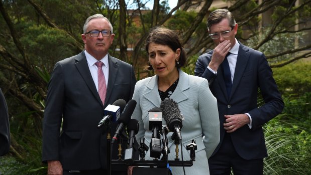 NSW Premier Gladys Berejiklian with NSW Health Minister Brad Hazzard and Treasurer Dominic Perrottet.