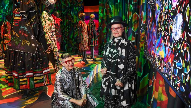 Designers Jenny Kee and Linda Jackson. The pair worked together on-and-off for four decades, pioneering a national style in clothing, using imagery of Australiana in conjunction with foreign design concepts.