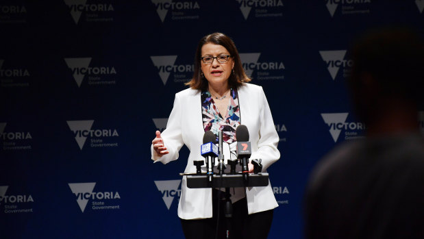 Health Minister Jenny Mikakos addresses the media on Tuesday.