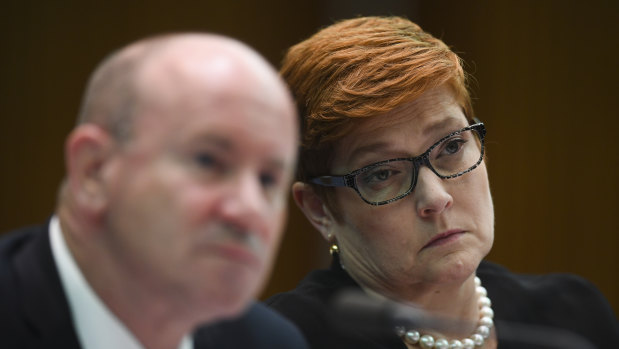 Foreign Minister Marise Payne with Defence Secretary Greg Moriarty during the Senate Estimates hearing on Wednesday.