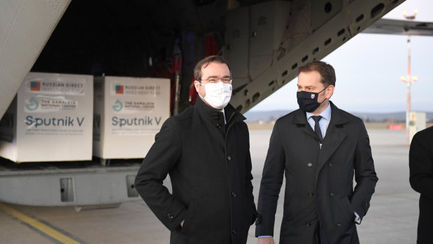 Slovak Prime Minister Igor Matovic, right, and Health Minister Marek Krajci at Kosice Airport.