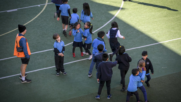 Students on their lunch break at Carlton Gardens Primary School. 